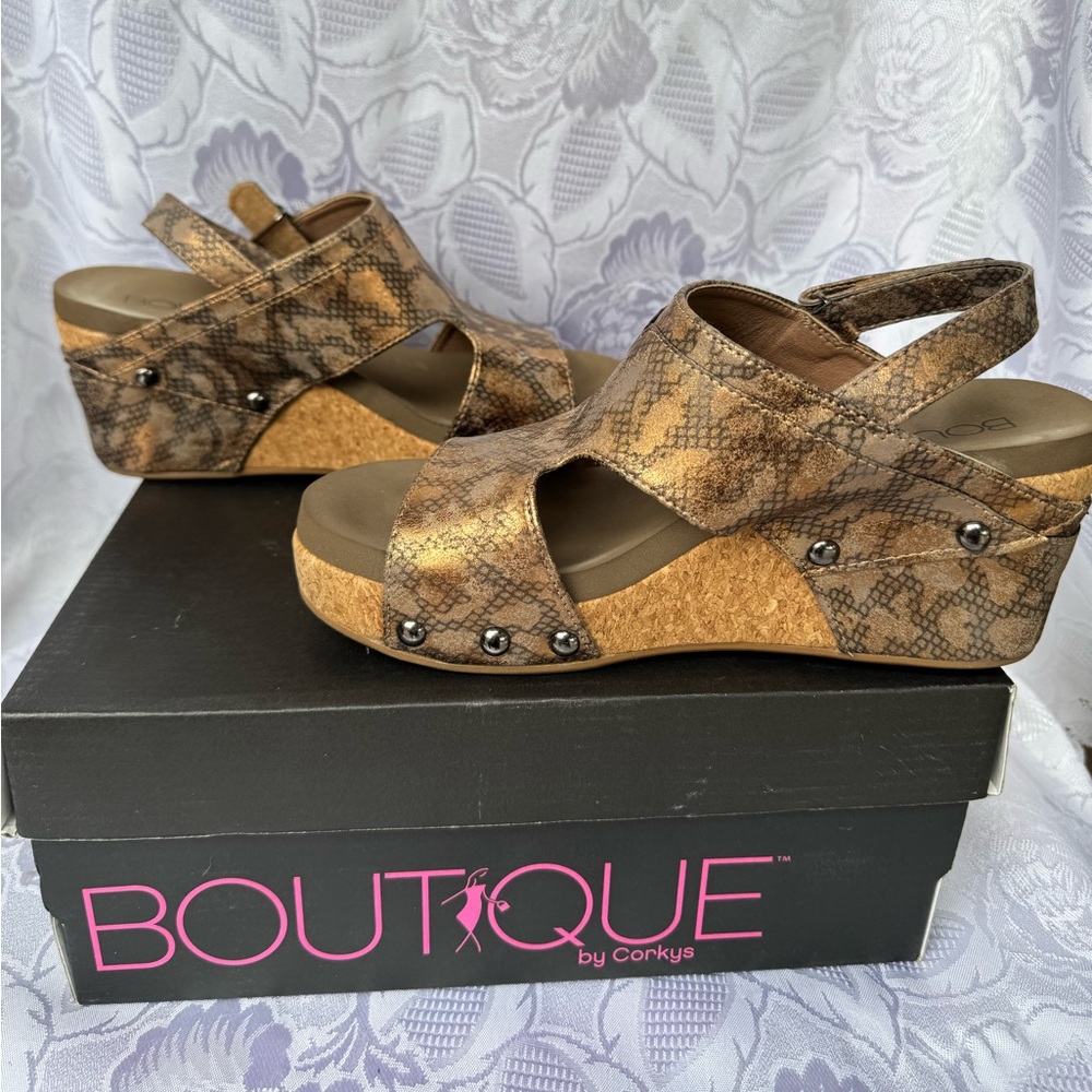 Brown Snake-Print Wedge Sandals